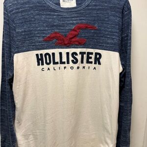 Hollister Blue Navy White Long Sleeve Colorblock Tee with Red Logo